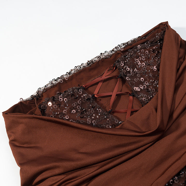 Ladies evening dress with off-the-shoulder draped top and sequin insert Amarae