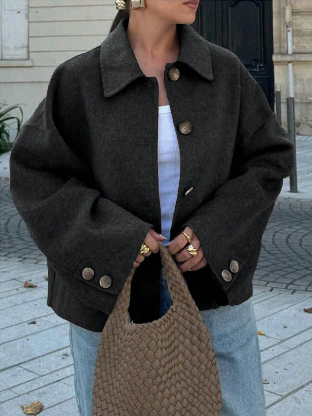 Women's Oversize Wool Blend Jacket with Large Decorative Buttons and Wide Cuffs Amarae