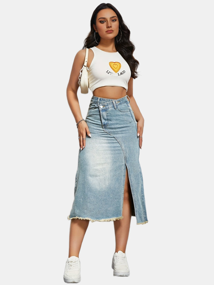 Chic & Stil Long Denim Skirt for Women with Asymmetrical Slit and Frayed Hem