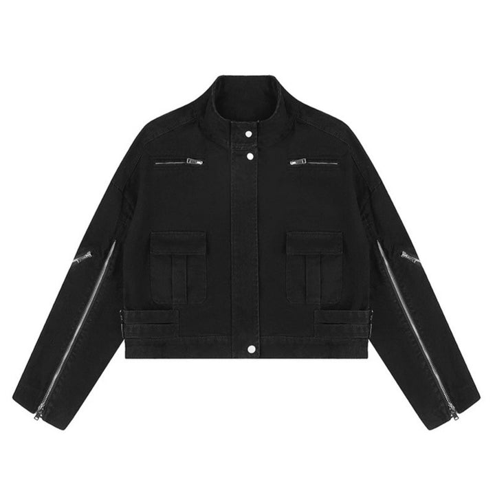 Women's Cropped Utility Jacket with Stand Collar, Multiple Pockets and Zip Sleeves Amarae