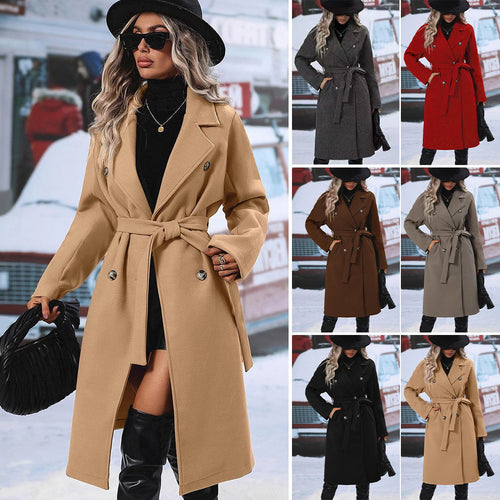 Elegant women's overcoat with tie belt and double row of buttons Amarae