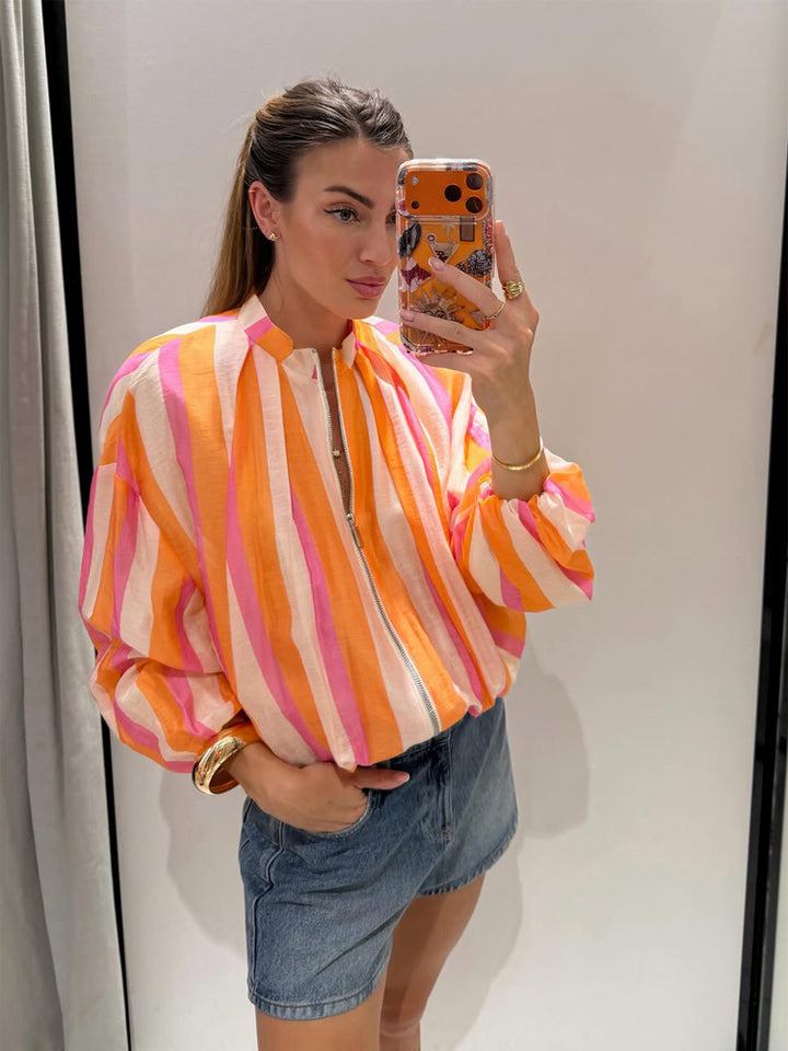 Women's Striped Lightweight Bomber Jacket with Balloon Sleeves and Stand Collar Amarae