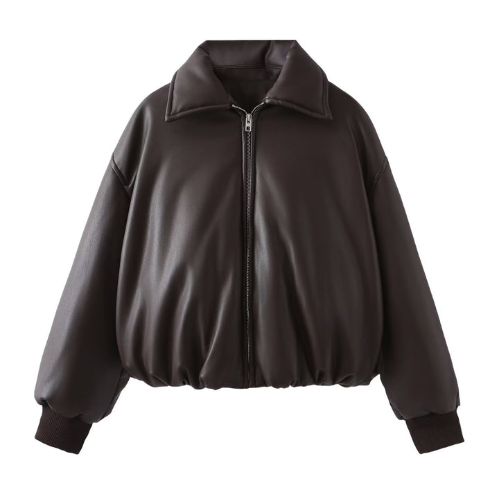 Quilted jacket for women in faux leather with high collar and elastic cuff Lune London