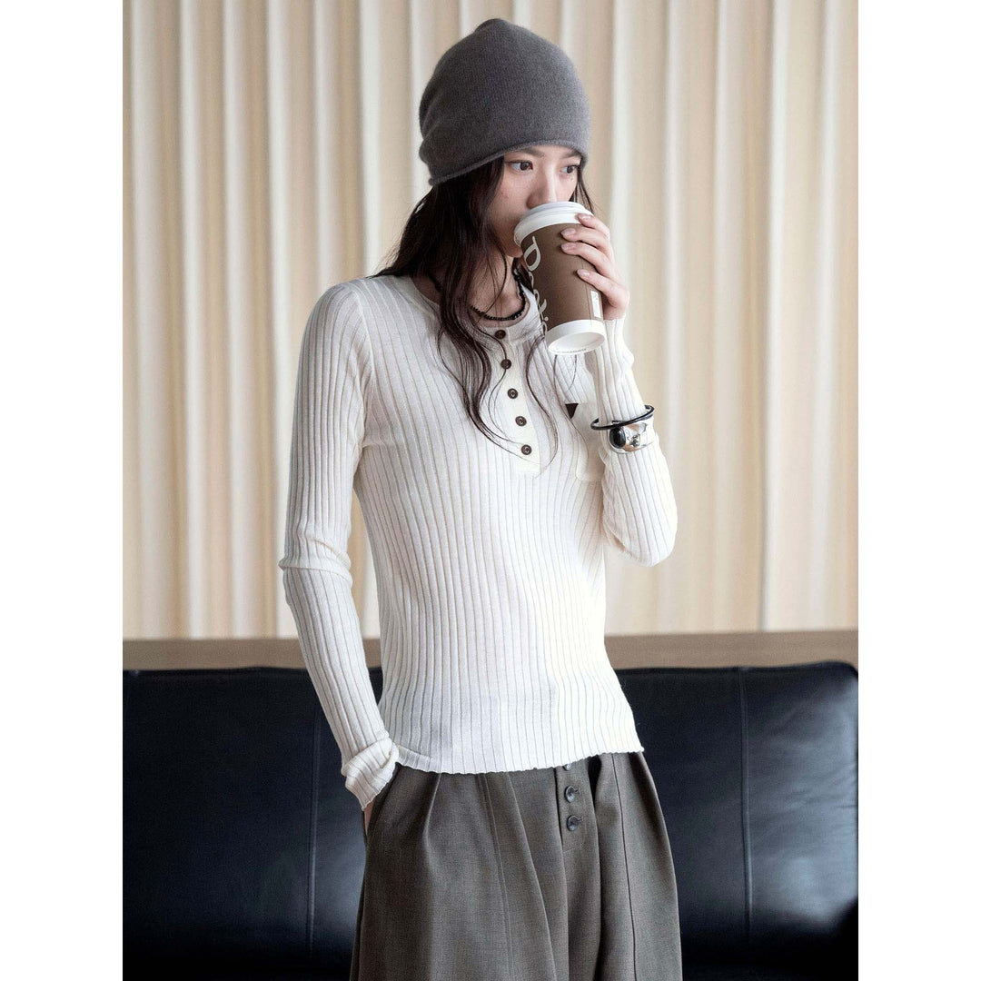 Ladies Ribbed Fine Knit Henley Shirt with Chest Pocket Amarae