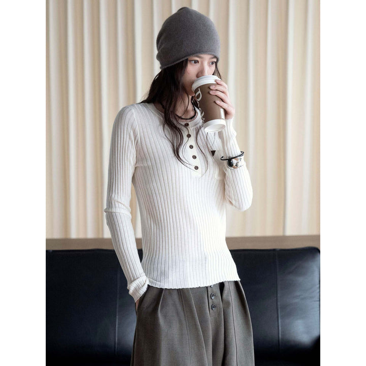 Ladies Ribbed Fine Knit Henley Shirt with Chest Pocket Amarae