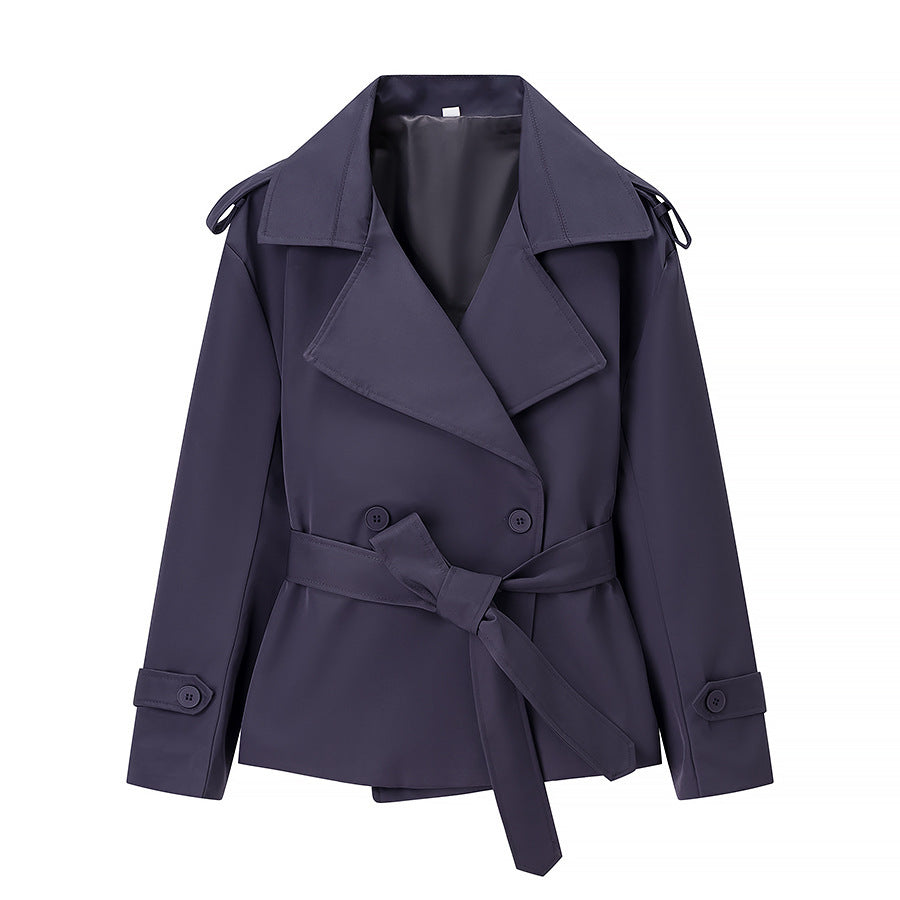 Women’s short trench coat with oversized lapels, tie belt, and epaulettes Amarae
