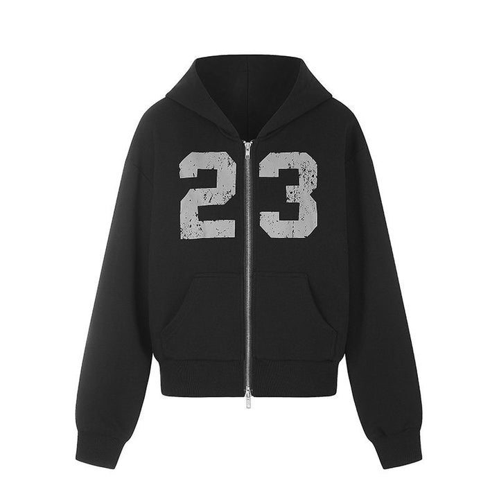 Women's Hooded Sweat Jacket in Retro Sports Style with Used Front Print and Kangaroo Pockets Amarae