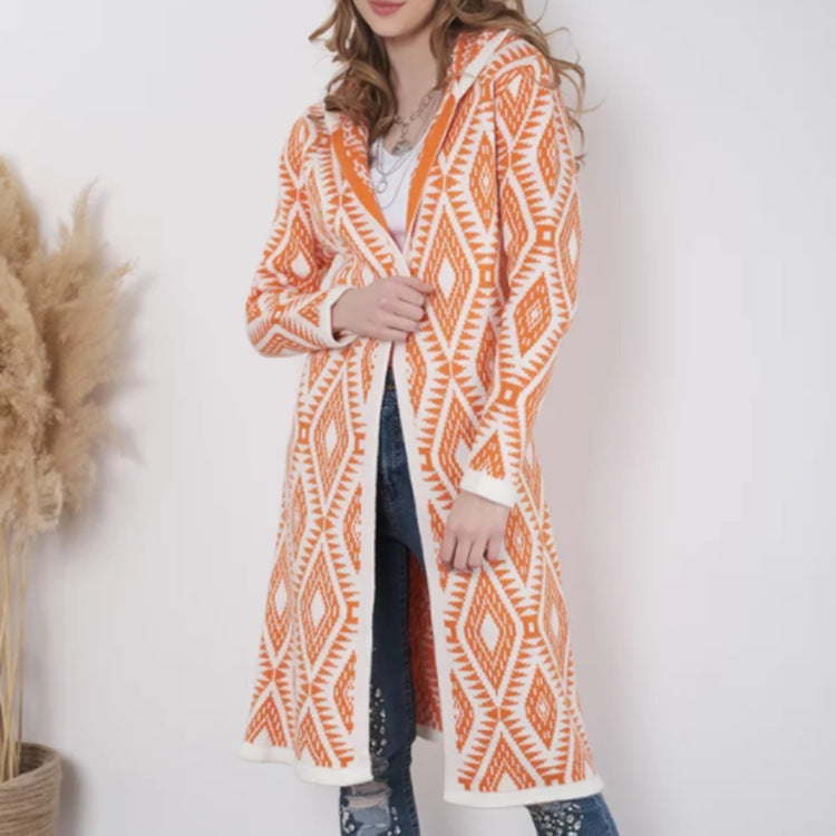 Women Long Knitted Cardigan with Chic Geometric Pattern and Style