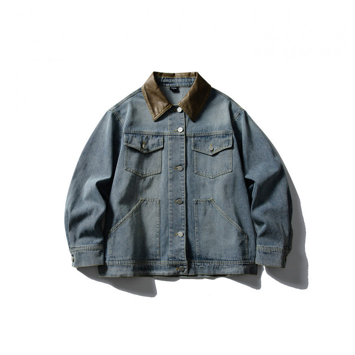 Unisex Boxy Denim Jacket with Leather Collar, Snap Button Placket and Flap Pockets Amarae