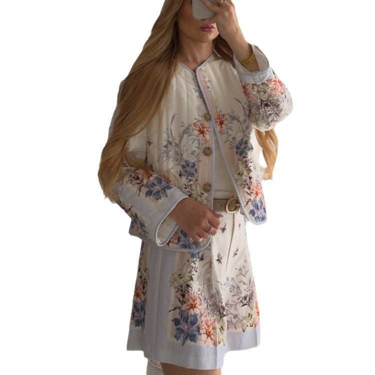 Women Two-Piece Floral Boucle Jacket and Pleated Mini Skirt Set Amarae