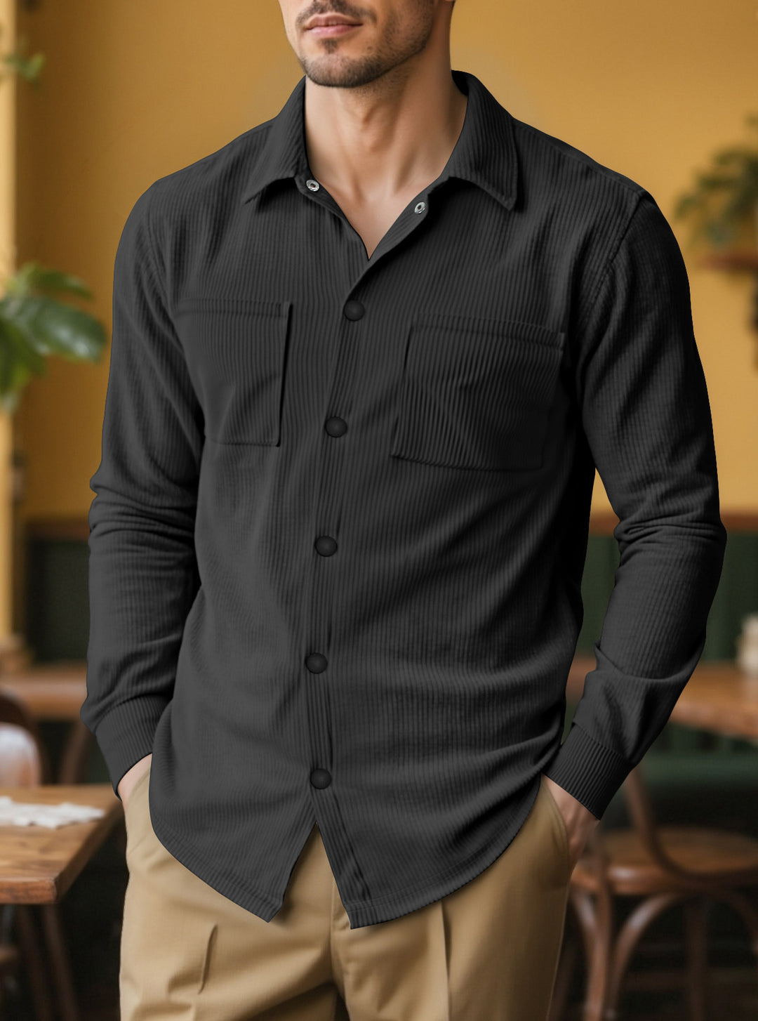 Men's long sleeve shirt with textured corduroy pattern and practical chest pockets Lune London