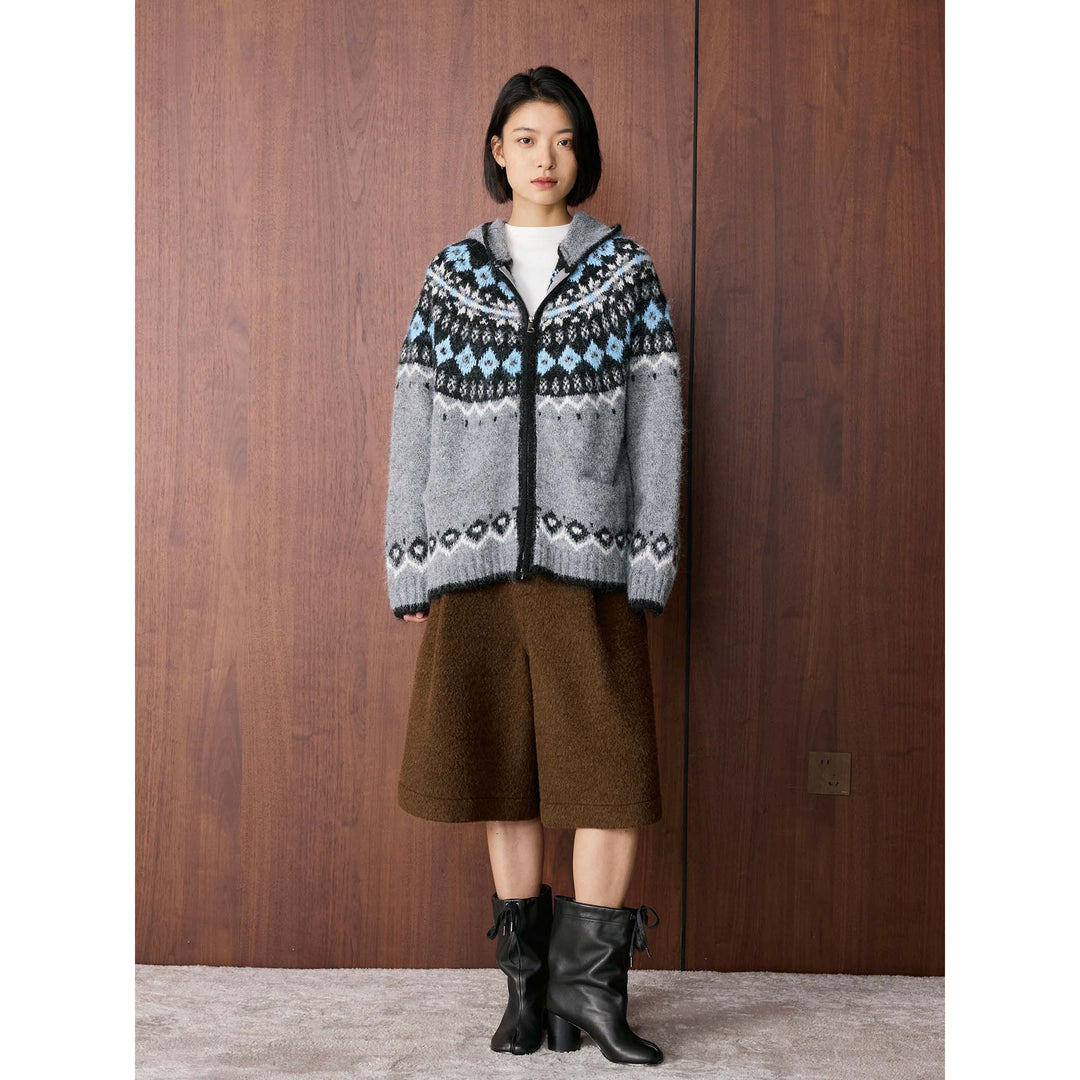 Ladies hooded cardigan made of mohair blend with Norwegian knit and zipper Amarae