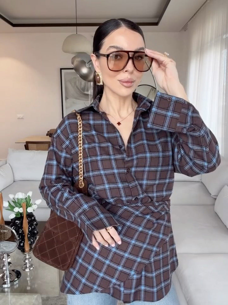 Women's Oversized Checked Shirt with Waist Belt and Extended Back Hem Amarae