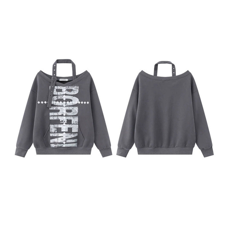 Women's cotton blend sweater with removable neck strap, kangaroo pocket and distressed logo print Amarae