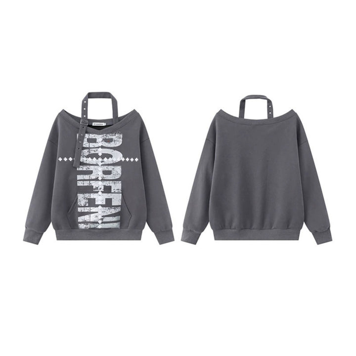 Women's cotton blend sweater with removable neck strap, kangaroo pocket and distressed logo print Amarae