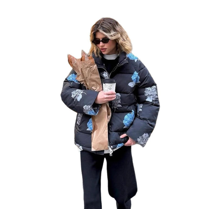 Women Padded Oversized Quilted Jacket with Floral Print and Hood Amarae