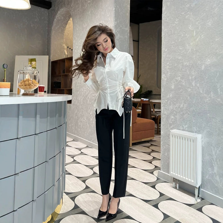 Women's Tailored Shirt Blouse with Drawstring Waist & Extra Long Cuffs Amarae