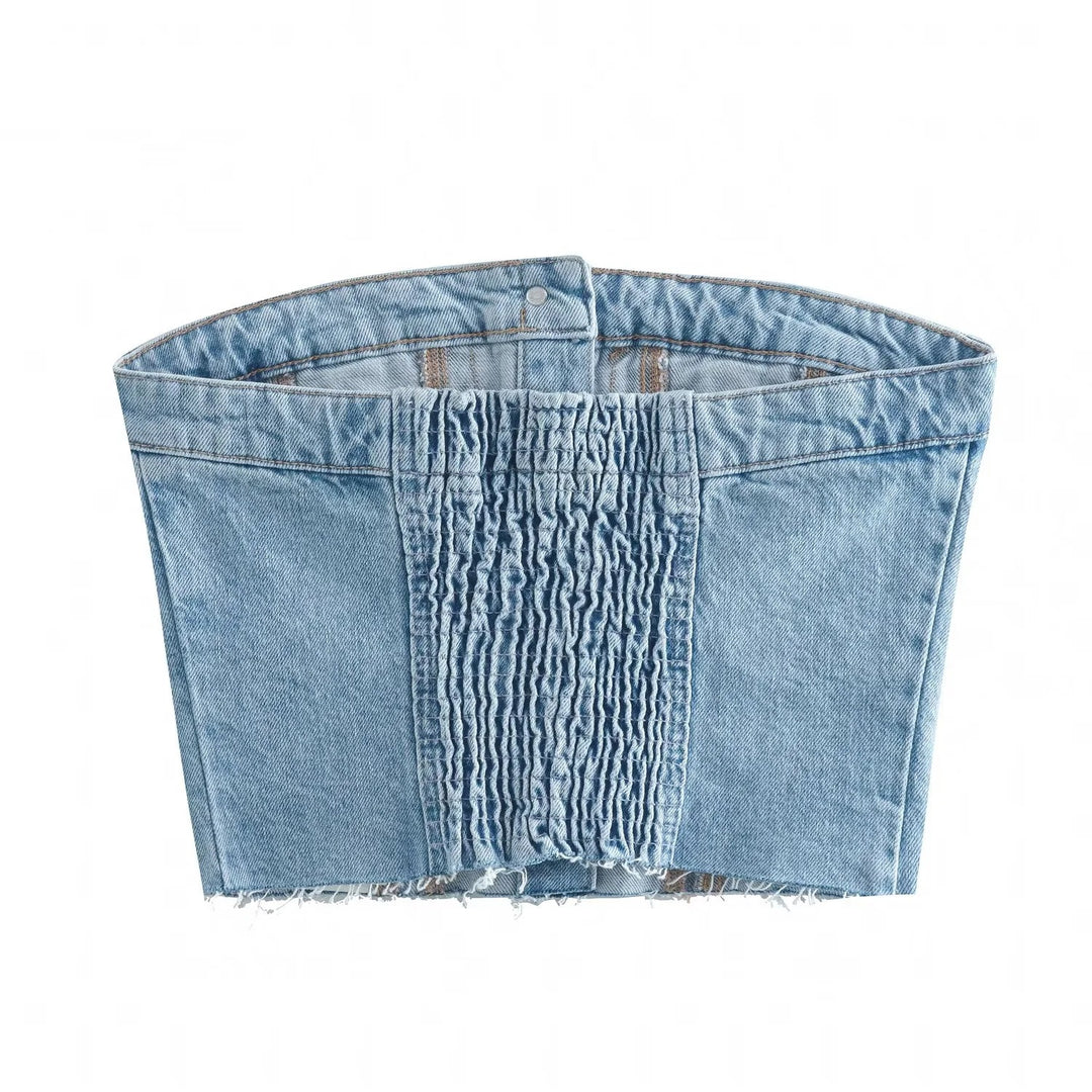 Women's Denim Bustier Top with Button Placket and Figure-Hugging Cut Lune London