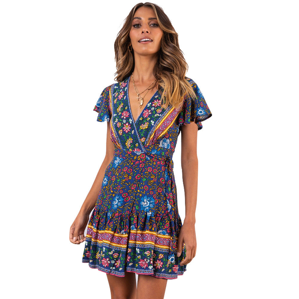 Lune London Floral Design and Ruffled Details Women's Wrap Dress