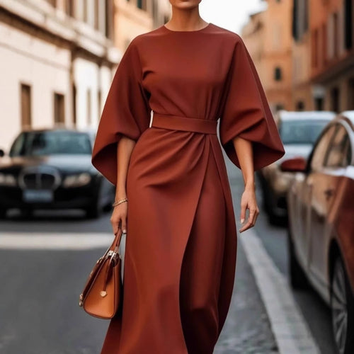 Elegant maxi dress for women with puff sleeves and a fitted belt Amarae