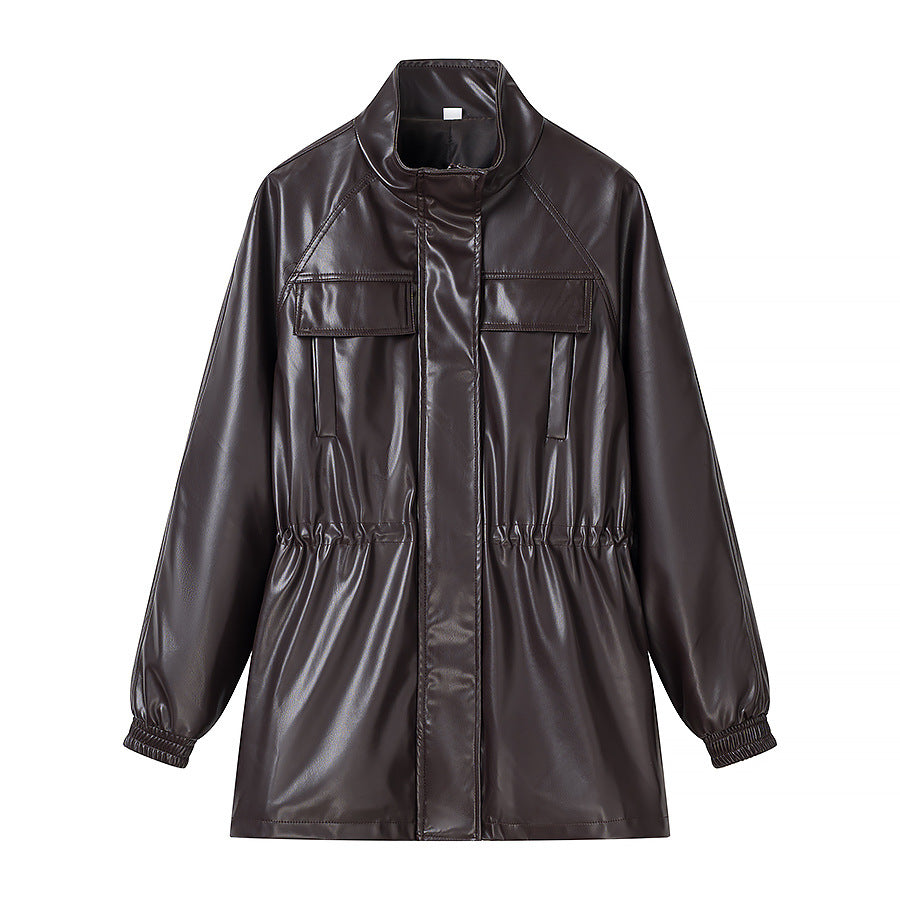Women's Faux Leather Parka with Drawstring Waist and Chest Pockets Amarae