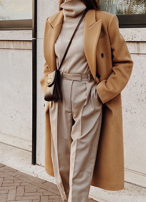 Ladies Long Wool Coat with Double-breasted and Wide Lapel Lune London