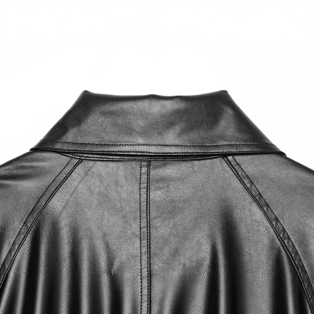 Women's Cropped Faux Leather Jacket with Wide Funnel Collar and Double-Breasted Button Placket Amarae