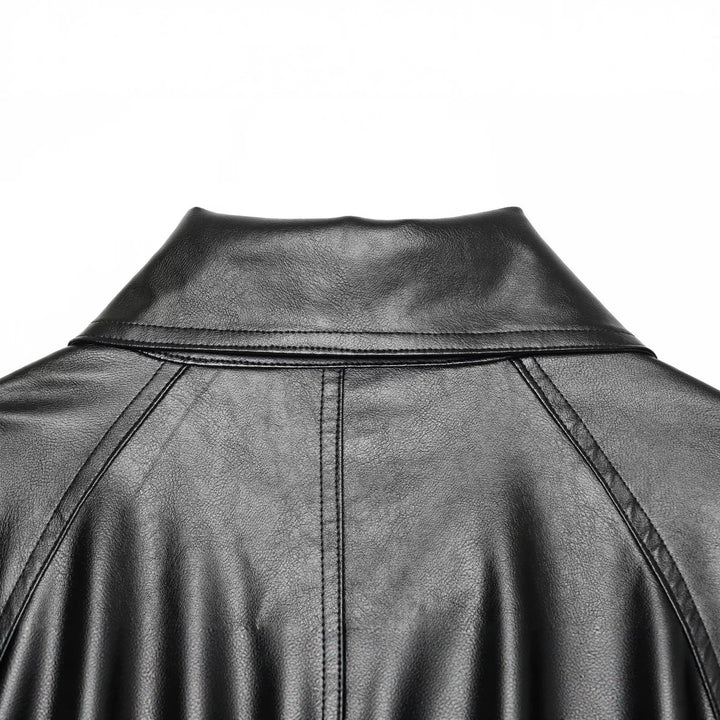 Women's Cropped Faux Leather Jacket with Wide Funnel Collar and Double-Breasted Button Placket Amarae