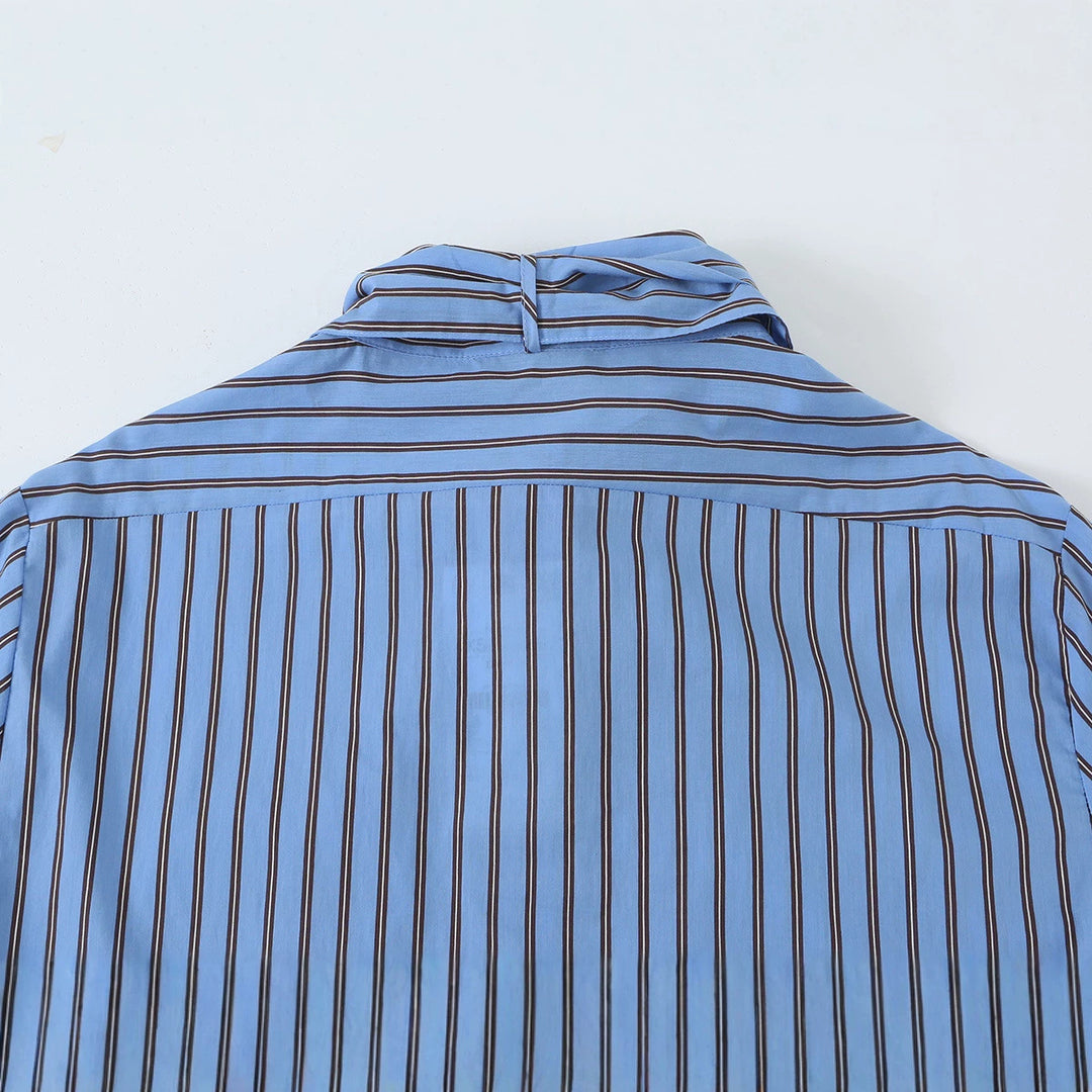 Women Striped Bow Blouse with Chest Pocket and Continuous Button Placket Amarae