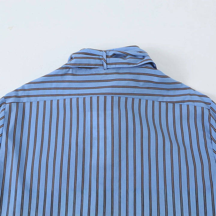 Women Striped Bow Blouse with Chest Pocket and Continuous Button Placket Amarae