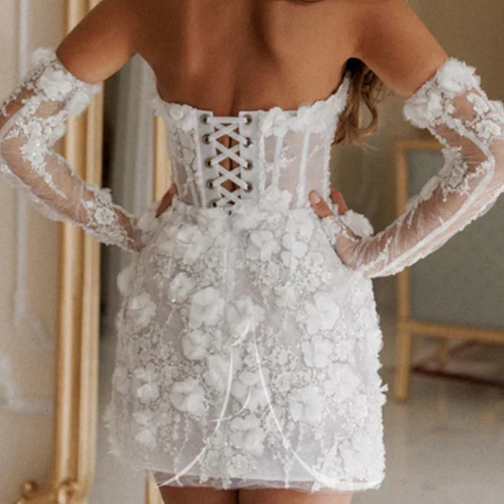 Ladies Elegant Wedding Dress with Floral Details and Chic Transparent Inserts