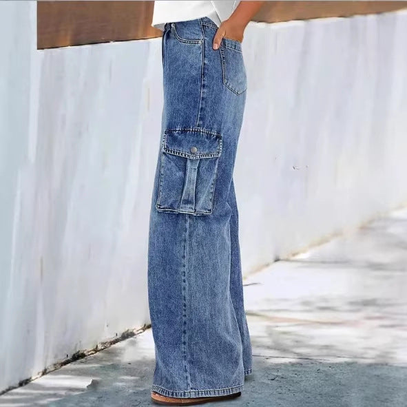 Women's high-waisted wide cargo denim pants in palazzo style with patch side pockets Amarae