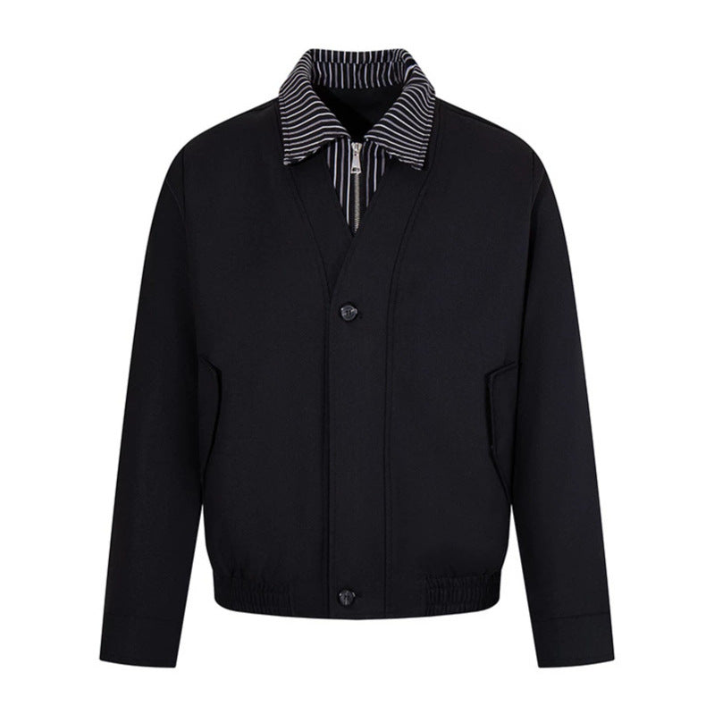 Men's short-cut blouson jacket with striped inner collar, concealed two-way zipper, and elastic hem Amarae