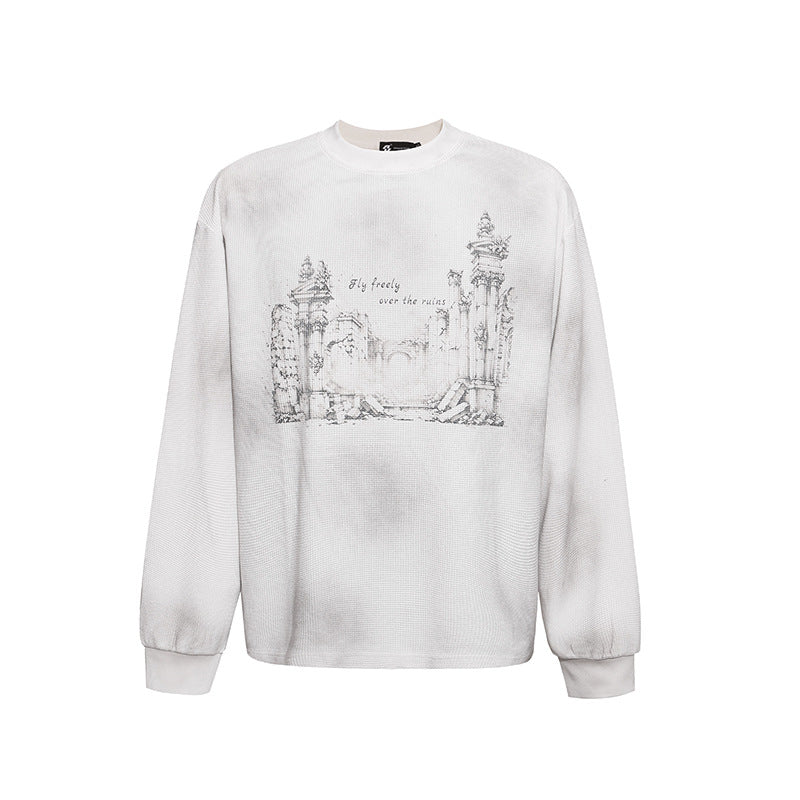 Women’s Oversized Sweatshirt with Waffle Texture, Round Neck and Ruins Sketch Print Amarae