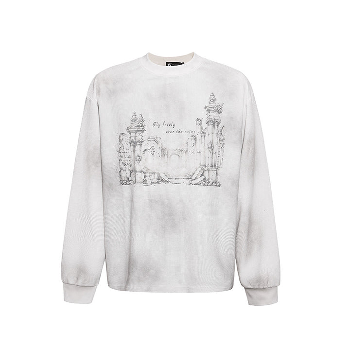 Women’s Oversized Sweatshirt with Waffle Texture, Round Neck and Ruins Sketch Print Amarae