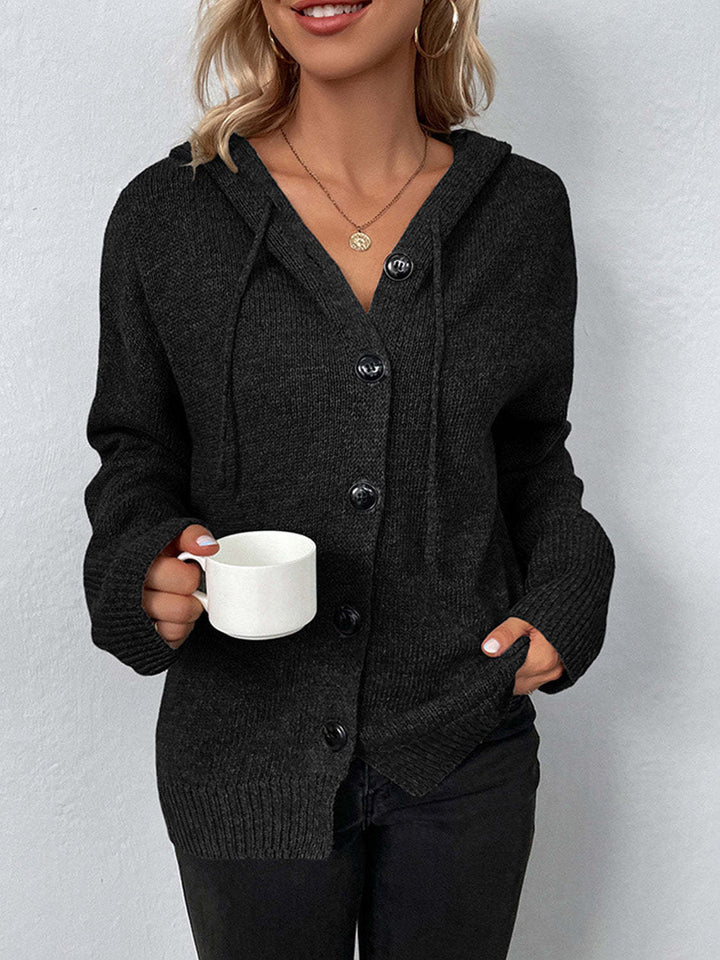 Ladies Cozy Knit Sweater with Hood and Decorative Buttons Lune London