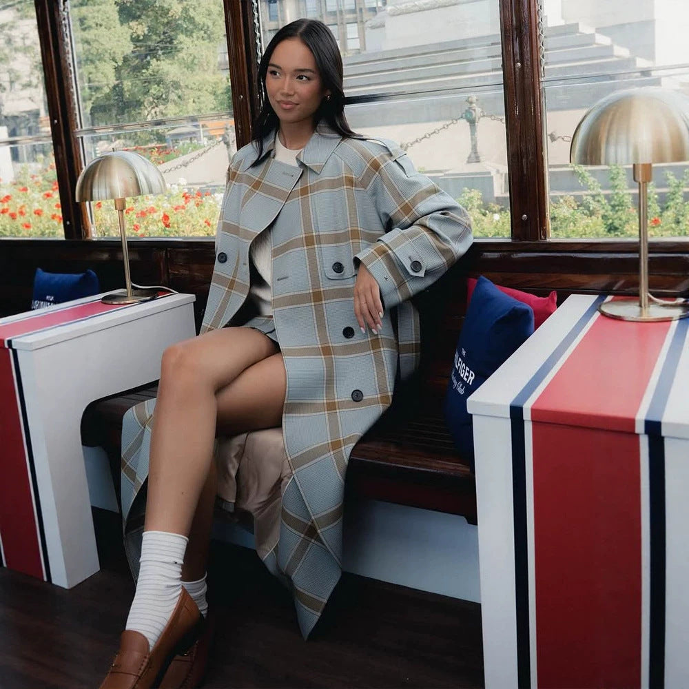 Women's long checkered coat in trench coat style with double button placket Amarae