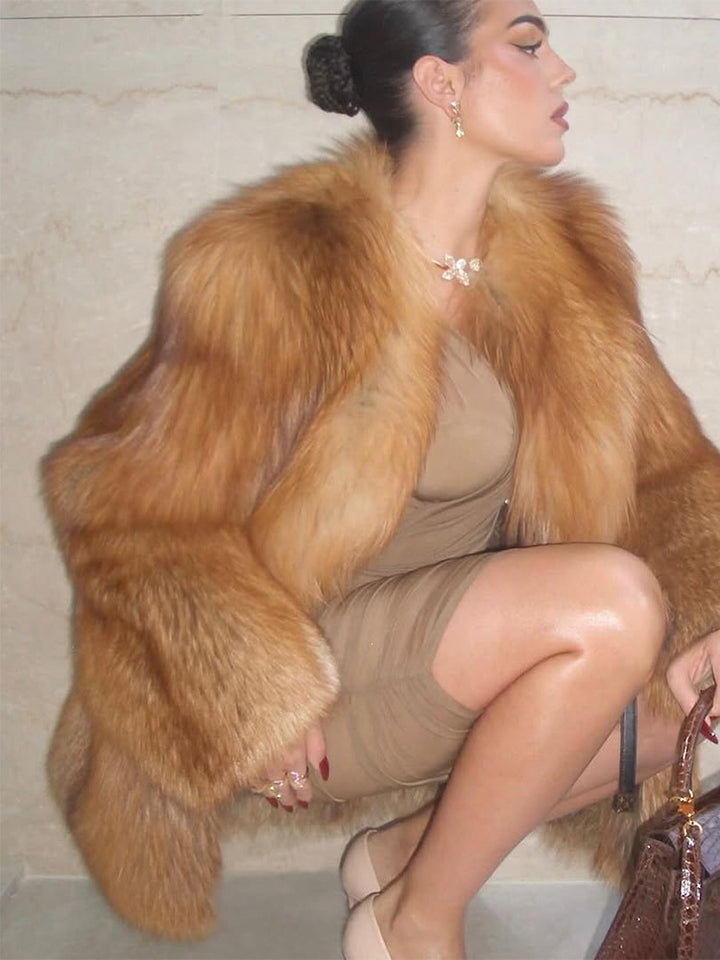 Women's Short Plush Faux Fur Coat with Boxy Silhouette and Voluminous Shawl Collar Amarae