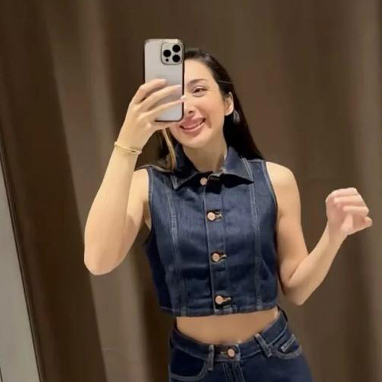 Women Short Cut Denim Vest with Tailored Paneling and Metal Button Placket Amarae