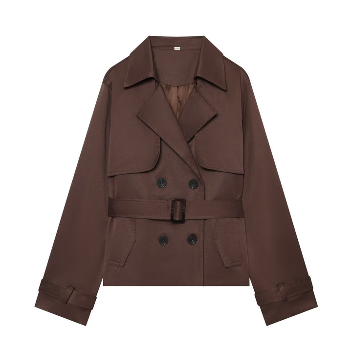 Women's Short Cropped Trench Coat with Double-Breasted Button Placket, Waist Belt, and Epaulettes Amarae