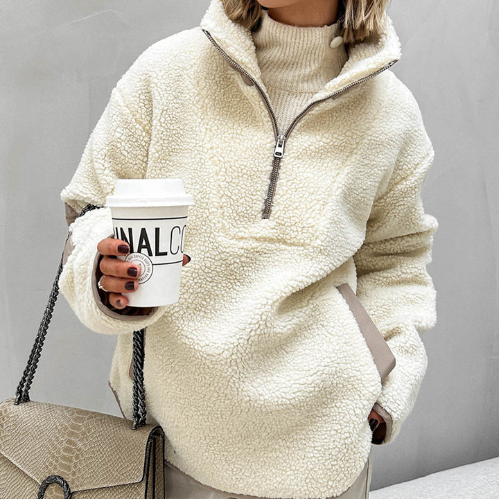 Women's Oversized Sherpa-Fleece Pullover with Half Zipper and Kangaroo Pocket Amarae