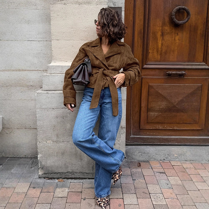 Women's short blazer in suede look with tie belt and boxy silhouette Amarae
