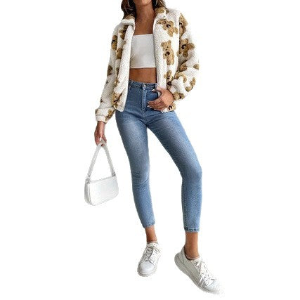 Women's cozy fleece jacket with bear pattern and full zip Lune London