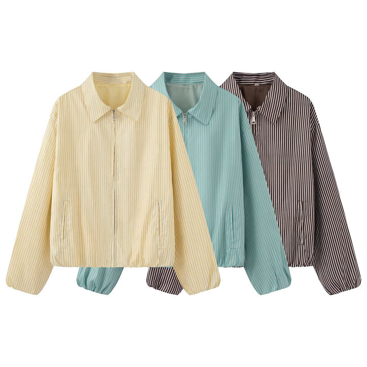Women's Lightweight Striped Blouson Jacket with Zipper, Shirt Collar and Elastic Hem Amarae