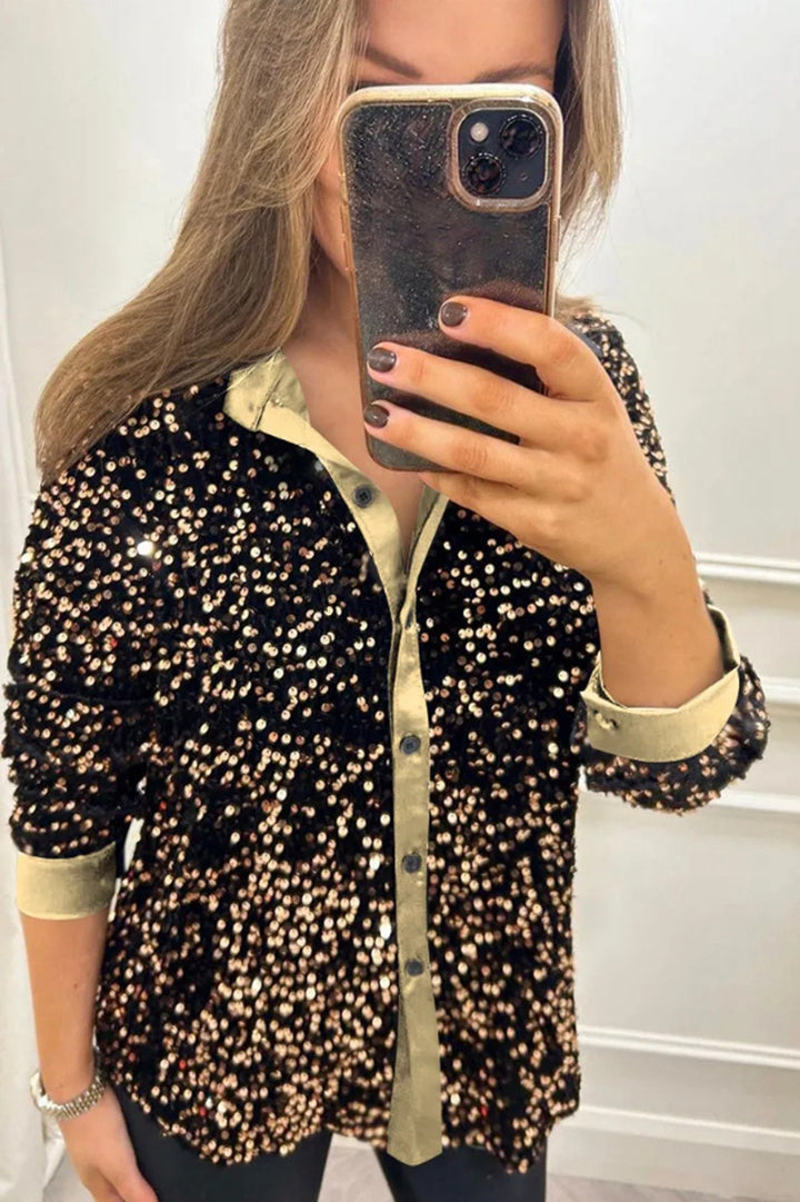 Blouse à sequins glamour pour femmes avec col classique et manches longues Chic & Stil