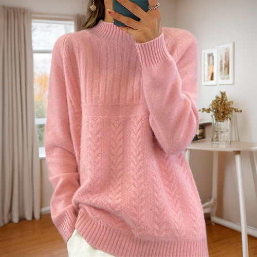 Knitted sweater for women with creative twisted pattern and high collar Amarae