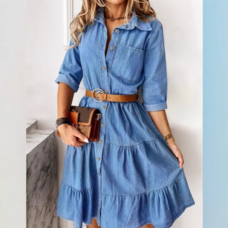 Women's Long Denim Dress with Tiered Skirt, Shirt Collar and Waist-Emphasizing Elastic Amarae