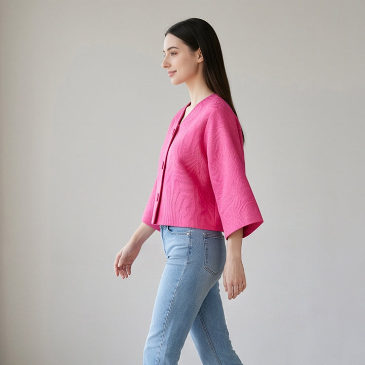 Women short-cut structured jacquard jacket with round neck & large fabric buttons Amarae