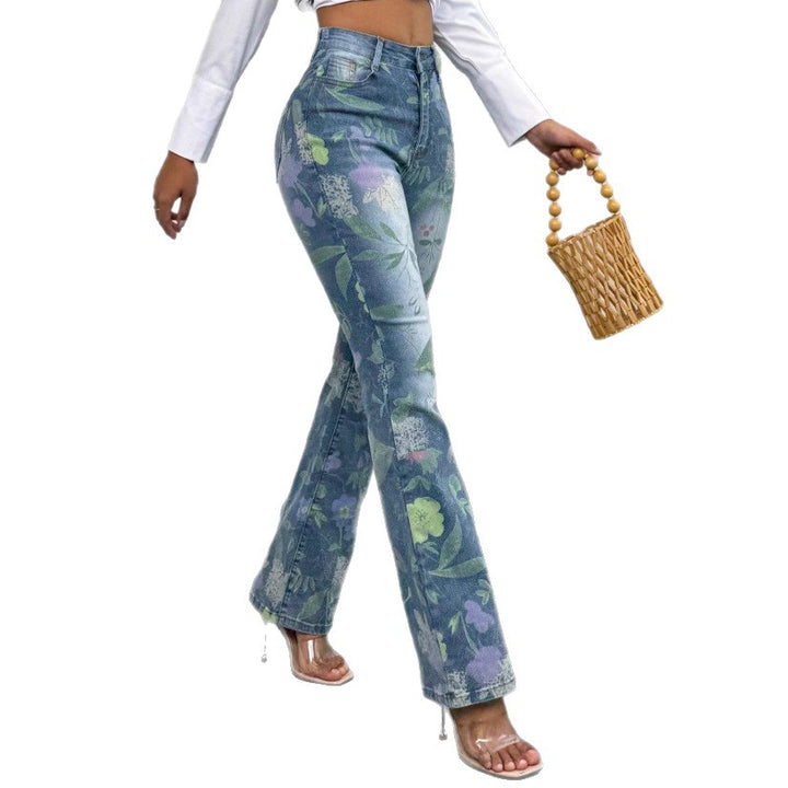 Women's High-Waisted Straight Jeans with Floral Allover Print and Slight Flare Amarae