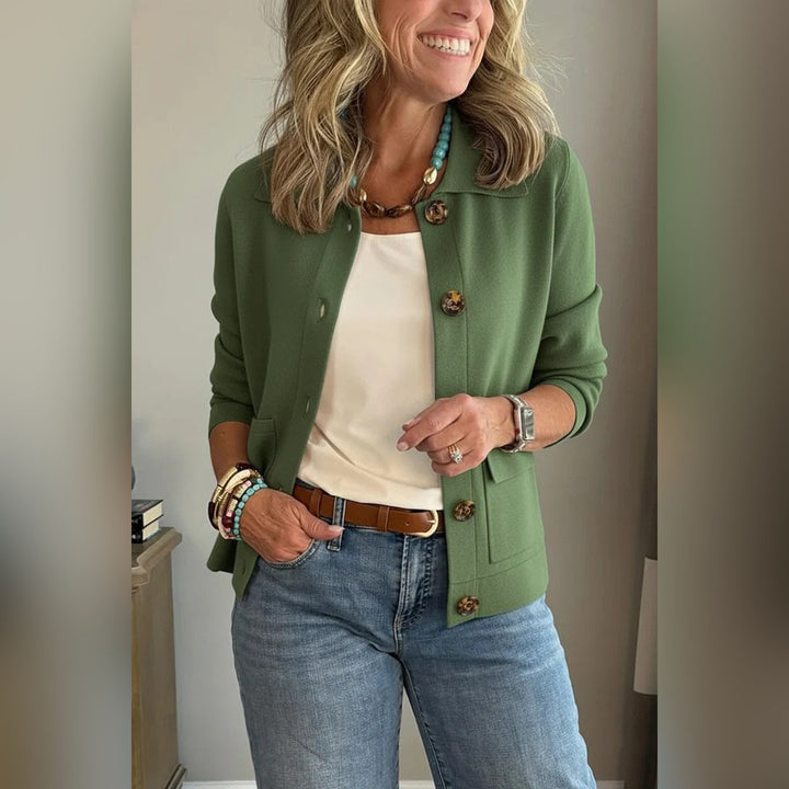 Women's short knitted cardigan with shirt collar, patch pockets, and horn buttons Amarae